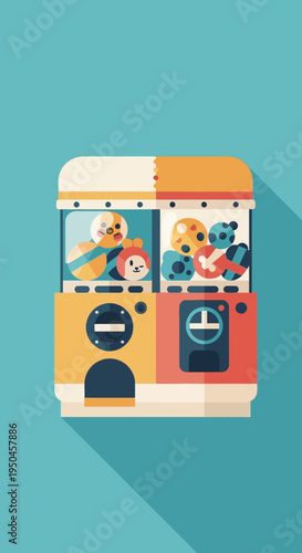 Cute Gachapon Machine with Toys and Capsules on Teal Background, Flat Design