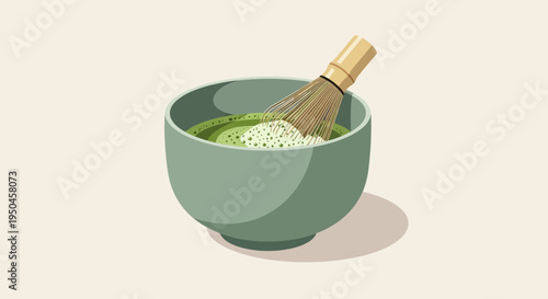 Matcha preparation: Whisking green tea powder in a bowl with a bamboo whisk