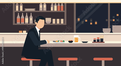 Man in Suit Eats Sushi at Bar Counter with City Lights at Night