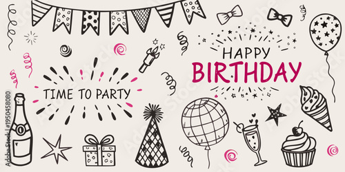 Hand drawn birthday decorations including balloons cake and celebratory text