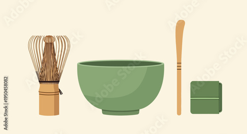 Matcha Tea Ceremony Set: Whisk, Bowl, and Scoop on Beige Background