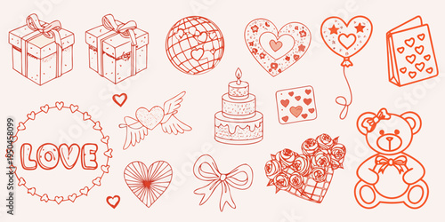 A collection of hand drawn red holiday and celebratory illustrations