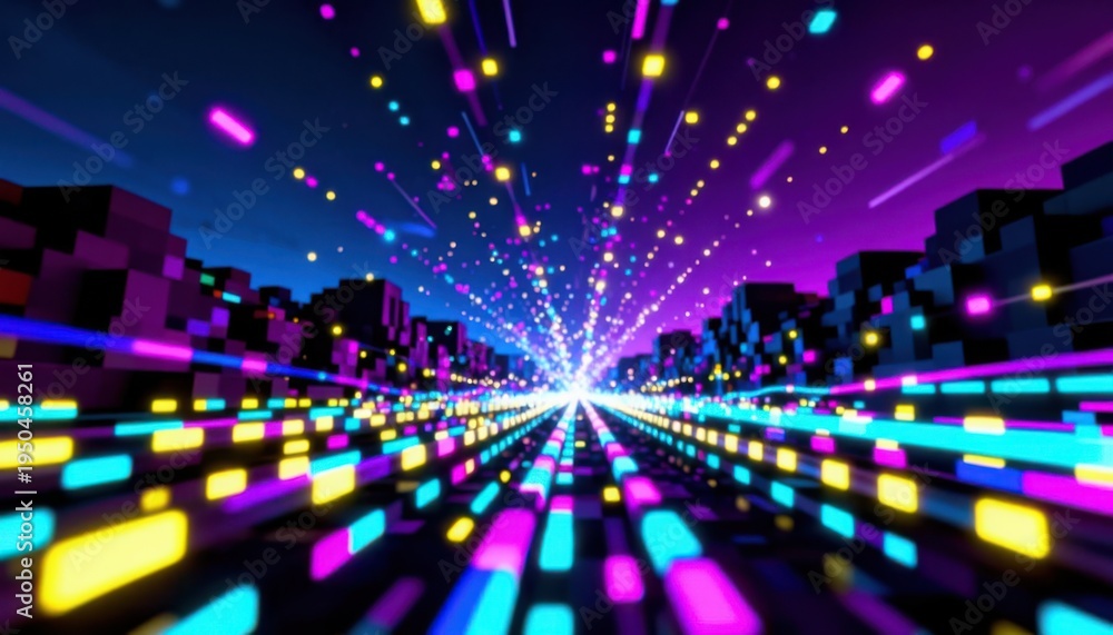 Obraz premium Futuristic neon cityscape with vibrant light trails and digital glow at dusk