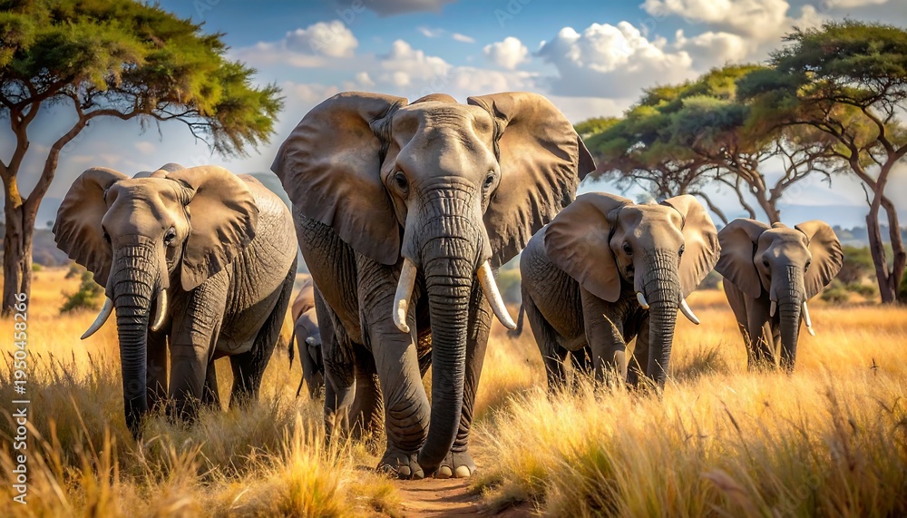 Fototapeta premium A stunning composition featuring a herd of majestic elephants walking towards the viewer in a sunlit savanna landscape