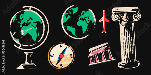 Illustrative collection featuring a globe rocket compass and classical architecture