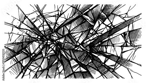 Abstract shattered glass explosion with sharp lines and hand drawn hatching texture