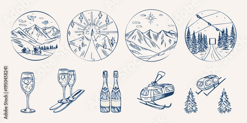 Winter themed sketches mountains champagne and ski resort elements