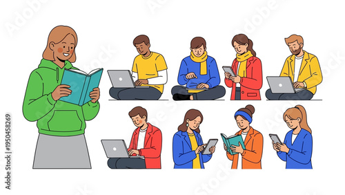 Digital Age Scholars: A diverse group of individuals immersed in their own chosen forms of learning and connectivity, showcasing a blend of traditional books and modern devices.