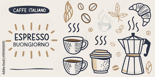 Italian coffee elements espresso cappuccino and croissant illustration