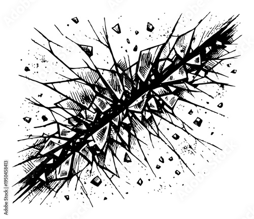 Dynamic shattered glass explosion with sharp shards and flying debris in ink style