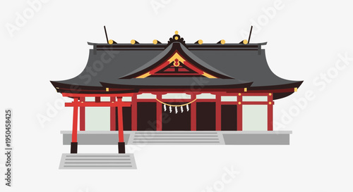 Traditional Japanese Shrine and Torii Gate, Architectural Illustration