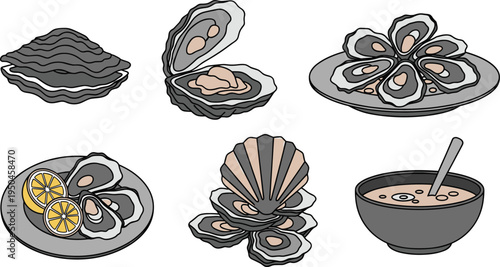 Oysters and Seafood Collection with Open Oysters, Oyster Plate, Oyster Soup, Lemon Garnish, and Fresh Oysters Vector Illustration Set