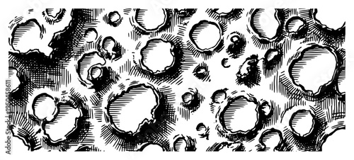 Detailed lunar surface with craters and moon texture in hand drawn vintage engraving style