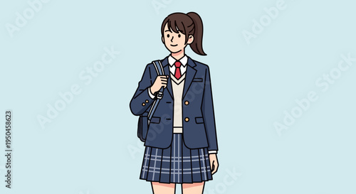Japanese School Girl in Uniform with Backpack, Ready for School