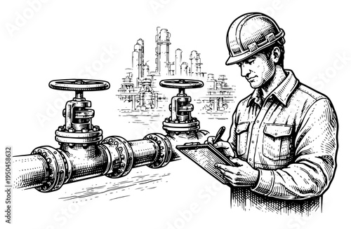 Professional engineer inspecting industrial pipes and valves at refinery plant in hand drawn sketch style