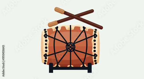 Japanese Taiko Drum with Drumsticks on Stand, Traditional Percussion Instrument