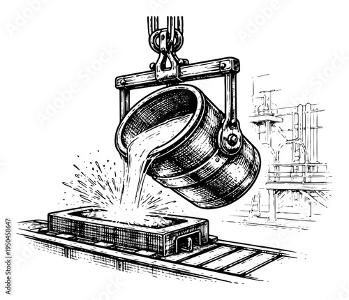Industrial foundry process showing molten metal pouring from ladle into mold in woodcut style