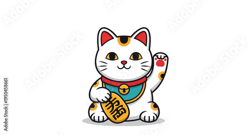 Maneki Neko Lucky Cat Waving Paw Holding Gold Coin Icon, Japanese Culture Symbol