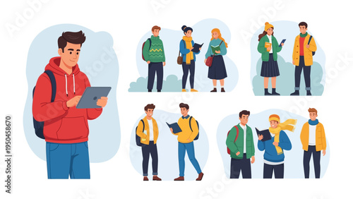 Study Group Dynamics: Diverse young individuals engage in various study activities, symbolizing knowledge pursuit and collaborative learning.  