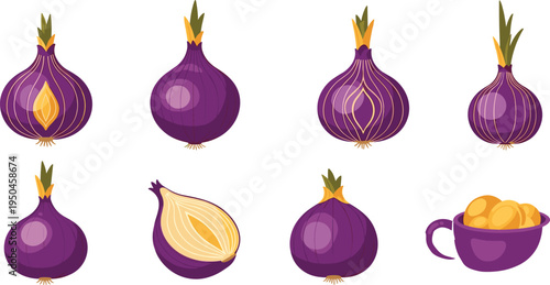 Purple Onion Vegetable Collection with Whole Red Onions, Sliced Onion Half, Decorative Onion Bulbs and Bowl of Chopped Onions Flat Vector Illustration Set