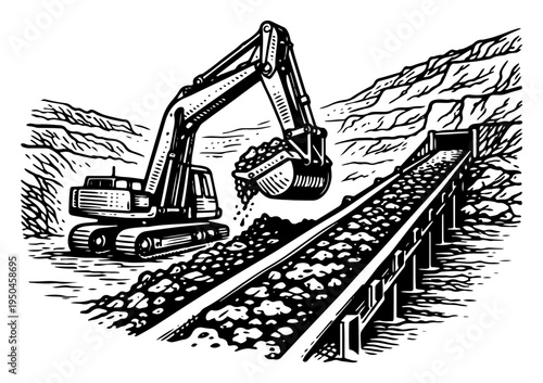 Heavy excavator loading ore onto a long conveyor belt in open pit mine engraving illustration