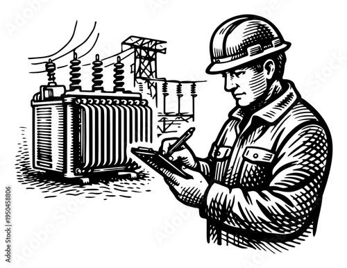 Electrical engineer inspecting power transformer at a substation with clipboard in vintage style