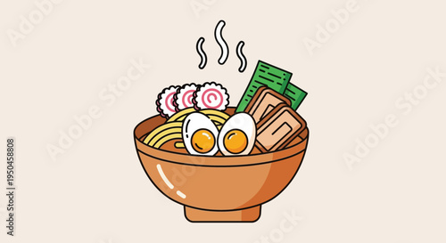 Steaming Bowl of Ramen Noodles with Egg, Narutomaki, Seaweed, and Pork