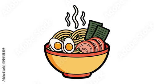 Steaming Bowl of Ramen Noodles with Egg, Pork, and Seaweed