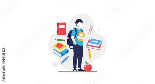 Student with Backpack and Books, Back to School Concept, Education Supplies