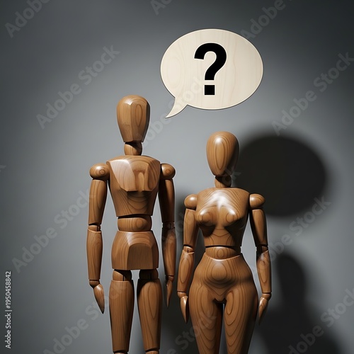 Two wooden  mannequins stand beneath a speech bubble containing a question mark