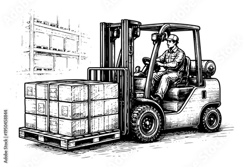 Forklift operator moving heavy pallet of boxes inside a large industrial warehouse engraving