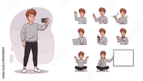 Digital World Set: An animated young individual, holding a mobile phone in different poses, set against a pristine, uncluttered backdrop, offers a sense of modern digital life.