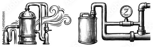 Industrial plumbing system with pipes boiler steam and pressure gauge for leak testing