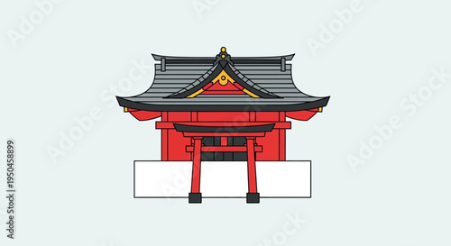 Traditional Japanese Shrine Gate and Temple Building, Red and Gray Architecture