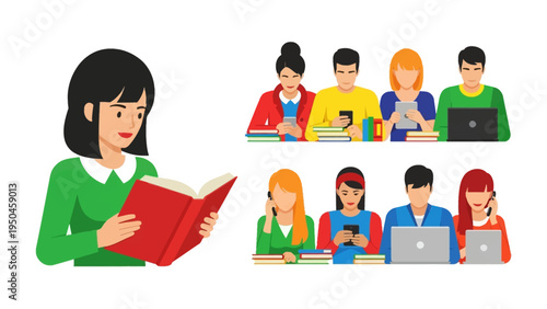 Illustration of Reading and Technology: A young woman engrossed in a book contrasts with a group of individuals absorbed in phones and laptops.
