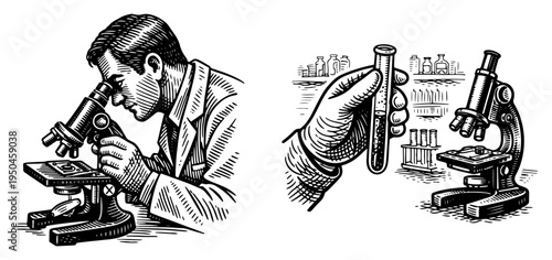 Set of hand drawn laboratory illustrations including a scientist looking through a microscope and hands holding test tubes