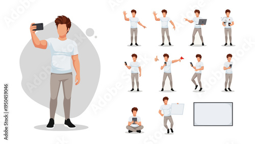 Man's Diverse Actions Set: A collection of illustrations showcasing a man engaged in various everyday activities, including taking selfies, using gadgets, and gesturing with enthusiasm.