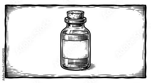 Vintage engraving style illustration of a glass medicine bottle with a blank label