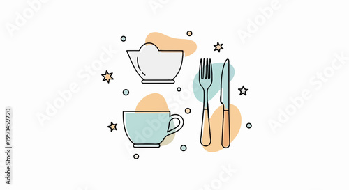 A minimalist illustration of a teacup, bowl, fork, and knife with playful abstract shapes and stars