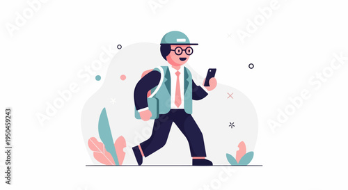 A man in business attire with a backpack and glasses walks while looking at his phone