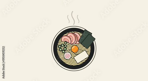 Japanese Ramen Bowl Illustration - Delicious Noodle Soup with Toppings