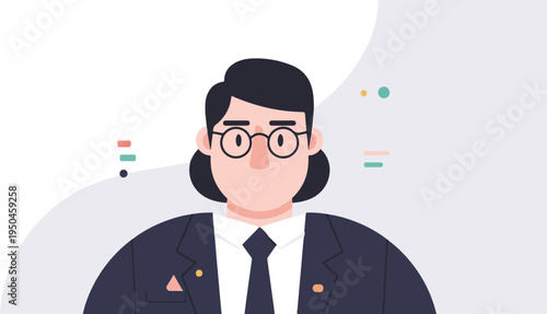 A stylized, frontal portrait of a person in a suit with round glasses