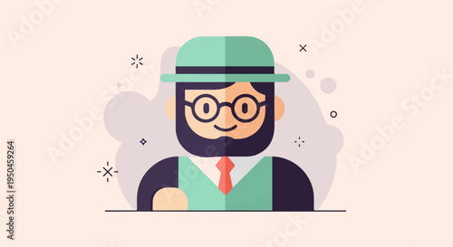 A smiling cartoon man wearing a hat, glasses, tie and vest