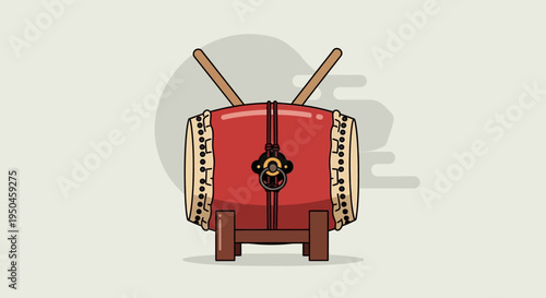 Japanese Taiko Drum with Drumsticks on Stand, Traditional Music Instrument Illustration
