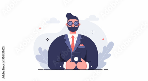 Stylized man in suit and glasses holding a smartphone, surrounded by abstract shapes and foliage