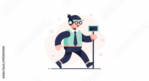 Animated person in suit with headphones and selfie stick, walking