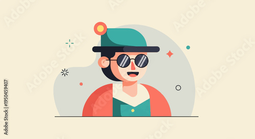 Stylized illustration of a smiling person in a hat and sunglasses