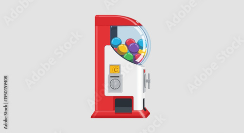 Red and white gumball machine filled with colorful candies on a light gray background