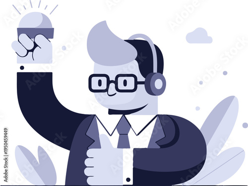 Cartoon figure with headset and light bulb, giving thumbs up