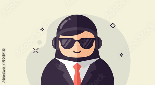 Cartoon person in suit and sunglasses, wearing headphones